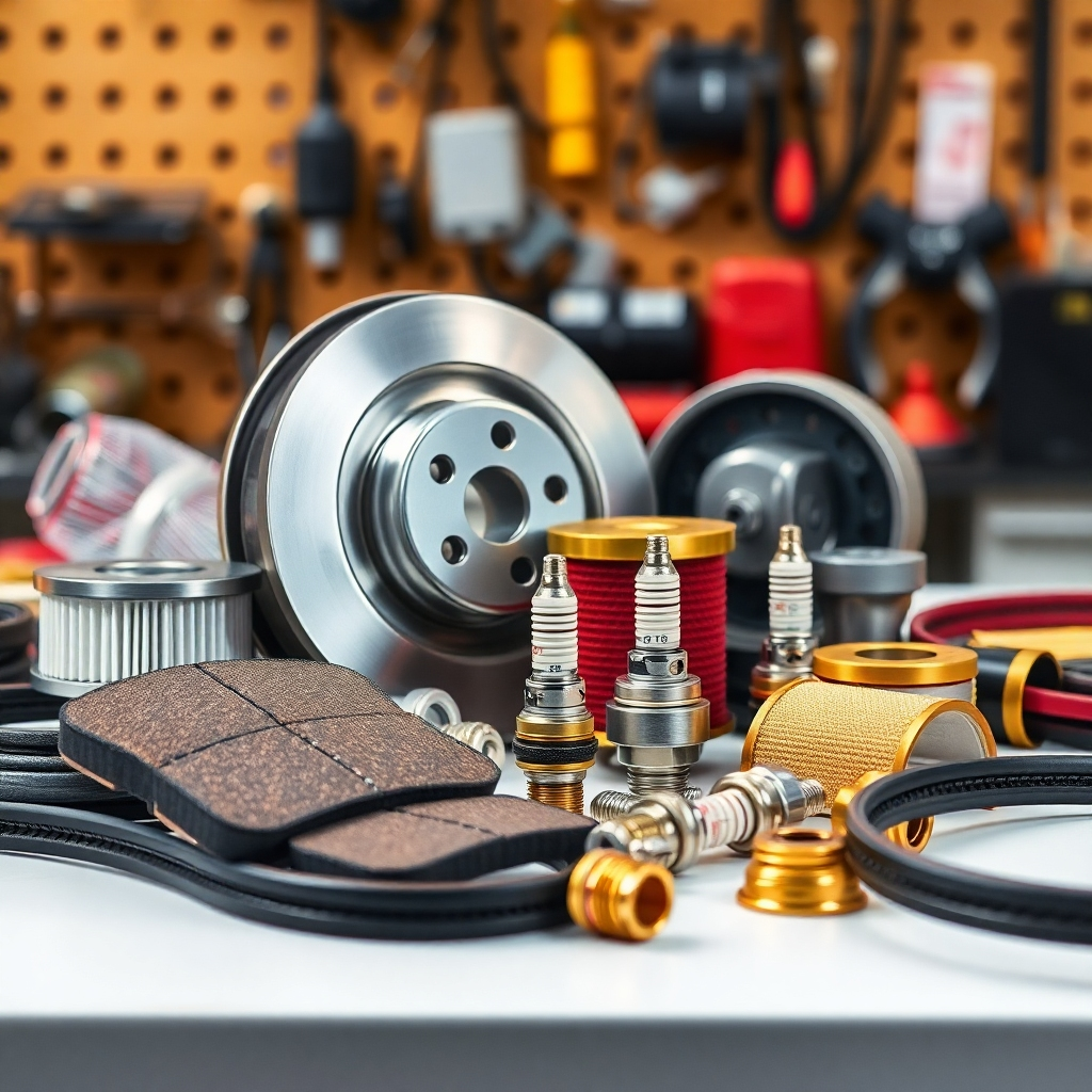 Create a visually appealing image showcasing a selection of high-quality automotive parts. The parts should be neatly arranged on a clean workbench, with good lighting to highlight their quality and craftsmanship. Include items such as brake pads, filters, spark plugs, and belts. The color palette should be warm and inviting, with accents of gold and silver. Focus on detailed textures and a sense of reliability.