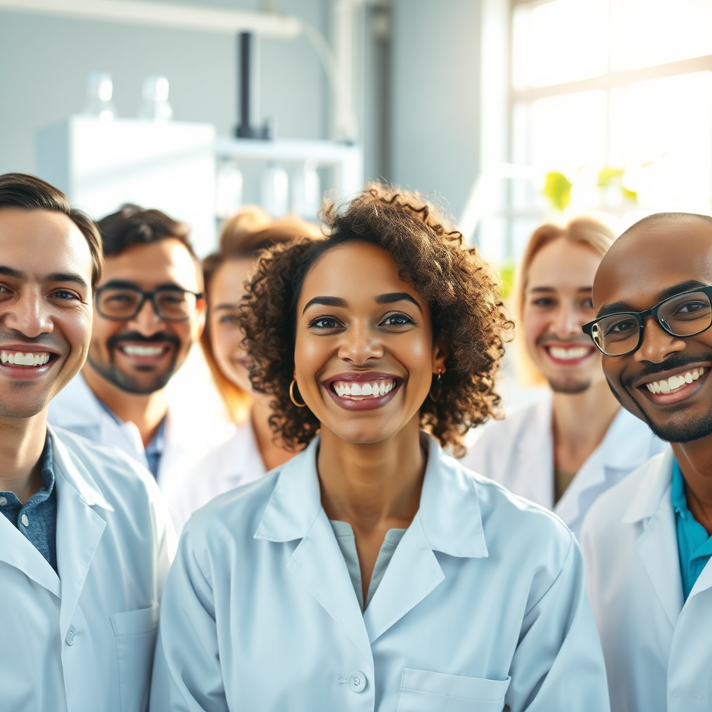 A 4K resolution image depicting a diverse group of people smiling confidently, showcasing healthy teeth and gums. The scene should be brightly lit with natural light, creating a warm and inviting atmosphere. In the background, subtly feature a laboratory setting with scientists in lab coats researching and developing probiotic formulas, emphasizing the scientific basis of ProDentim. Incorporate elements of nature, such as plants and herbs, to represent the natural ingredients in the product. The color palette should be vibrant and cheerful, with a focus on blues, greens, and whites. The camera angle should be eye-level, capturing the genuine emotion and confidence in the smiles. The style should be clean and modern, with a focus on health and wellness. Style reference: Stock photography emphasizing health and wellness, scientific research. Technical specs: 4K resolution, high quality, natural lighting.
