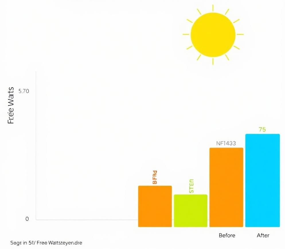 A bar graph comparing a homeowner's electricity bill before and after using the Free Watts system. The difference between the two bars is dramatic, showcasing the potential for significant savings. The graph is clear and easy to understand. Stylized and informative.