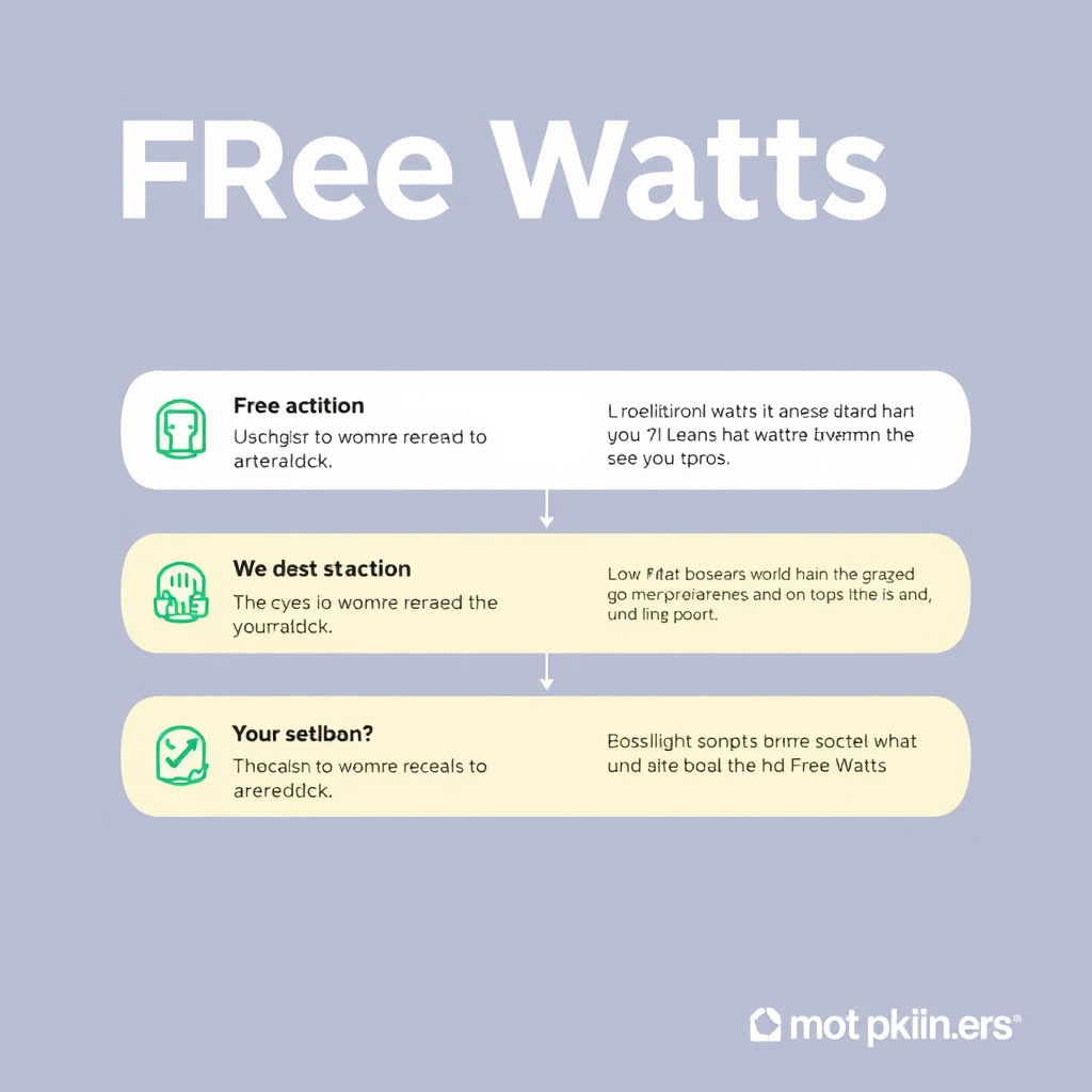 A clear and concise infographic illustrating the basic steps involved in the Free Watts system. The steps are numbered and visually represented with simple icons and short descriptions. The overall design is clean, modern, and easy to understand. Stylized and informative.