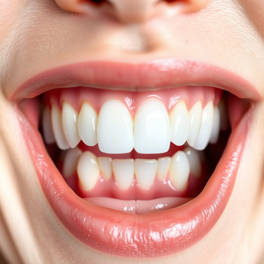 A close-up image showcasing strong, healthy teeth and gums. The teeth should be sparkling white and free of plaque, while the gums should be healthy pink and firm. The lighting should be bright and even, highlighting the details of the teeth and gums. The composition should be clean and simple, emphasizing the importance of oral hygiene. The color palette should be dominated by whites and pinks, conveying a sense of cleanliness and health. The camera angle should be slightly above, providing a clear and inviting view of the mouth. The style should be realistic and professional. Technical specs: 4K resolution, macro photography, even lighting.