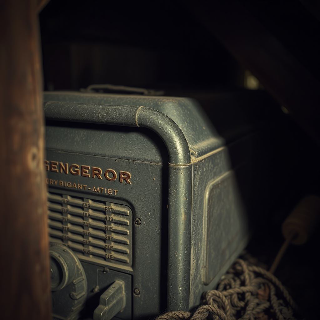 A close-up shot of a dusty, vintage-looking generator, partially hidden in a dimly lit attic or basement. The generator has a slightly mysterious and intriguing appearance. The scene evokes a sense of discovery and hidden potential. Photorealistic with a vintage filter.