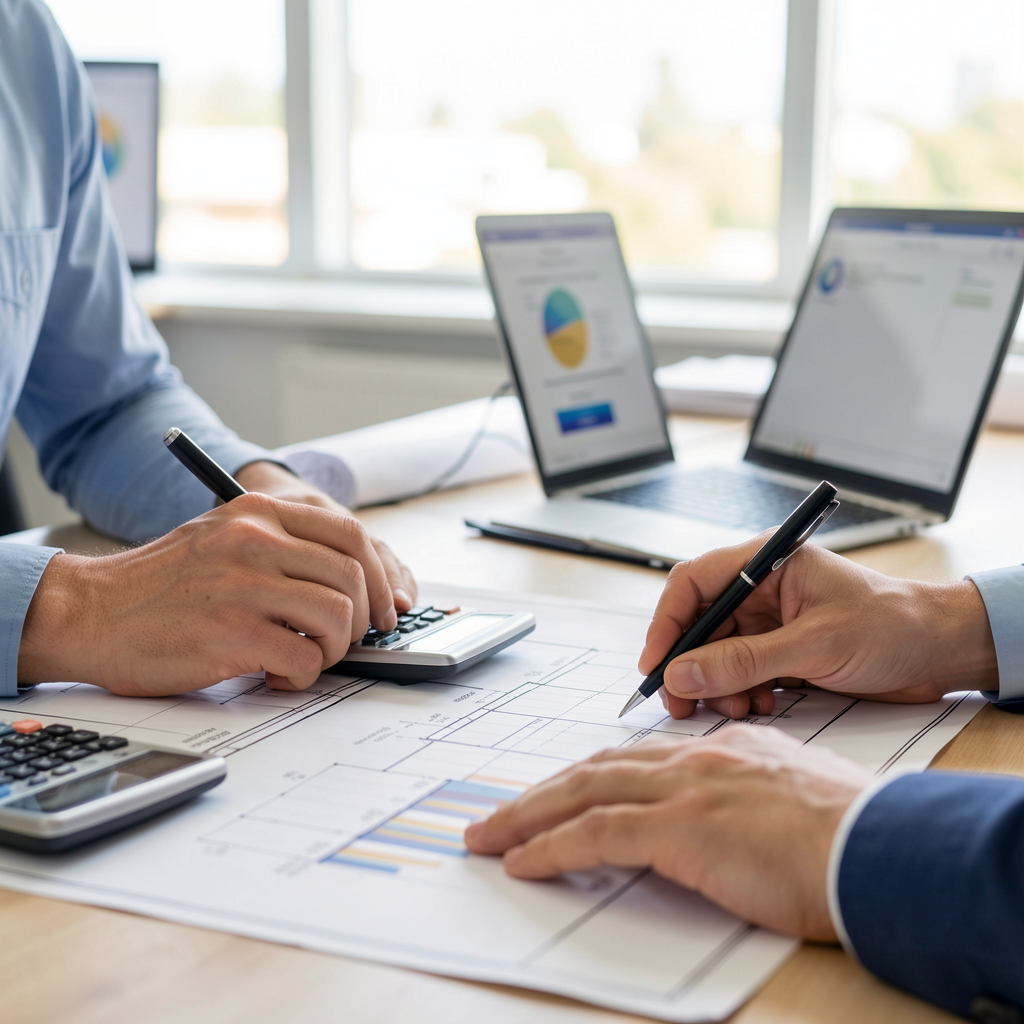 Quantity Surveyor working with blueprints and cost estimates