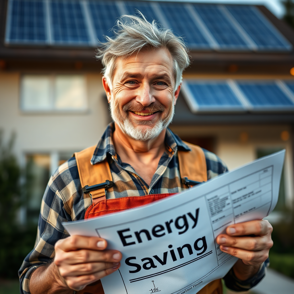 A close-up shot of a weathered but friendly handyman with a twinkle in his eye, holding a blueprint labeled 'Energy Savings'. Behind him, in soft focus, is a modern home with solar panels subtly integrated into the roof. He is wearing a tool belt, and a friendly smile. The overall feel is one of trust, reliability, and approachable expertise. Photorealistic.