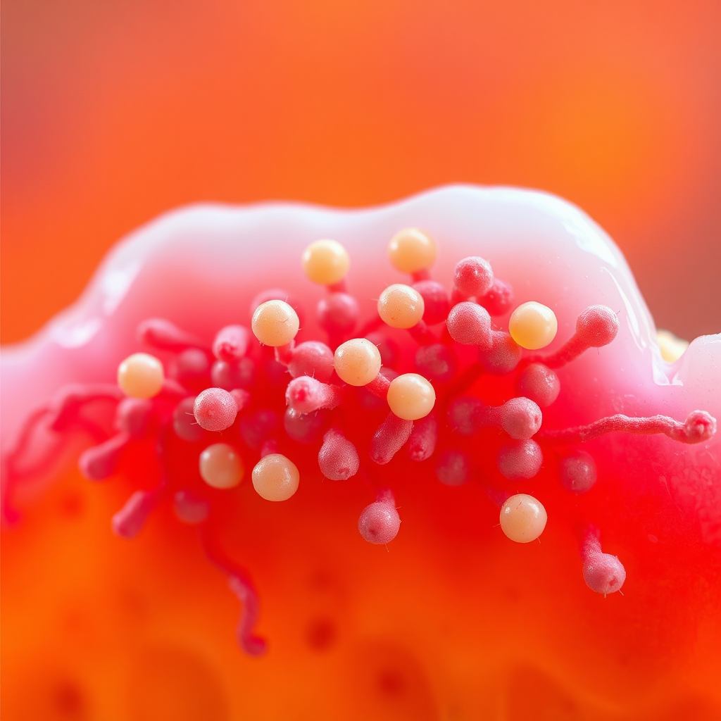 A close-up, vibrant microscopic image of beneficial probiotic bacteria colonizing the surface of a tooth, demonstrating their protective action against harmful bacteria. The colors should be bright and inviting, showcasing the diversity and vitality of the probiotics. Lighting should be dramatic, highlighting the bacteria's structure. The composition should be artistic and visually engaging, emphasizing the power of probiotics for oral health. The style should be scientific yet aesthetically pleasing. Technical specs: 4K resolution, microscopic imagery, vibrant colors.