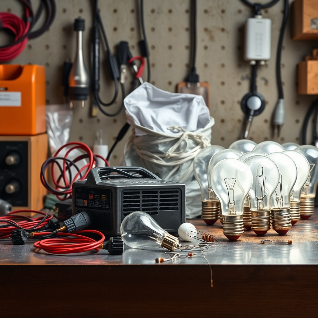 A collection of common hardware store items (wires, resistors, a small generator, lightbulbs) arranged artfully on a workbench. The items are well-lit and appear accessible and non-intimidating. A soft glow emanates from the workbench, suggesting the potential for energy savings. Photorealistic.