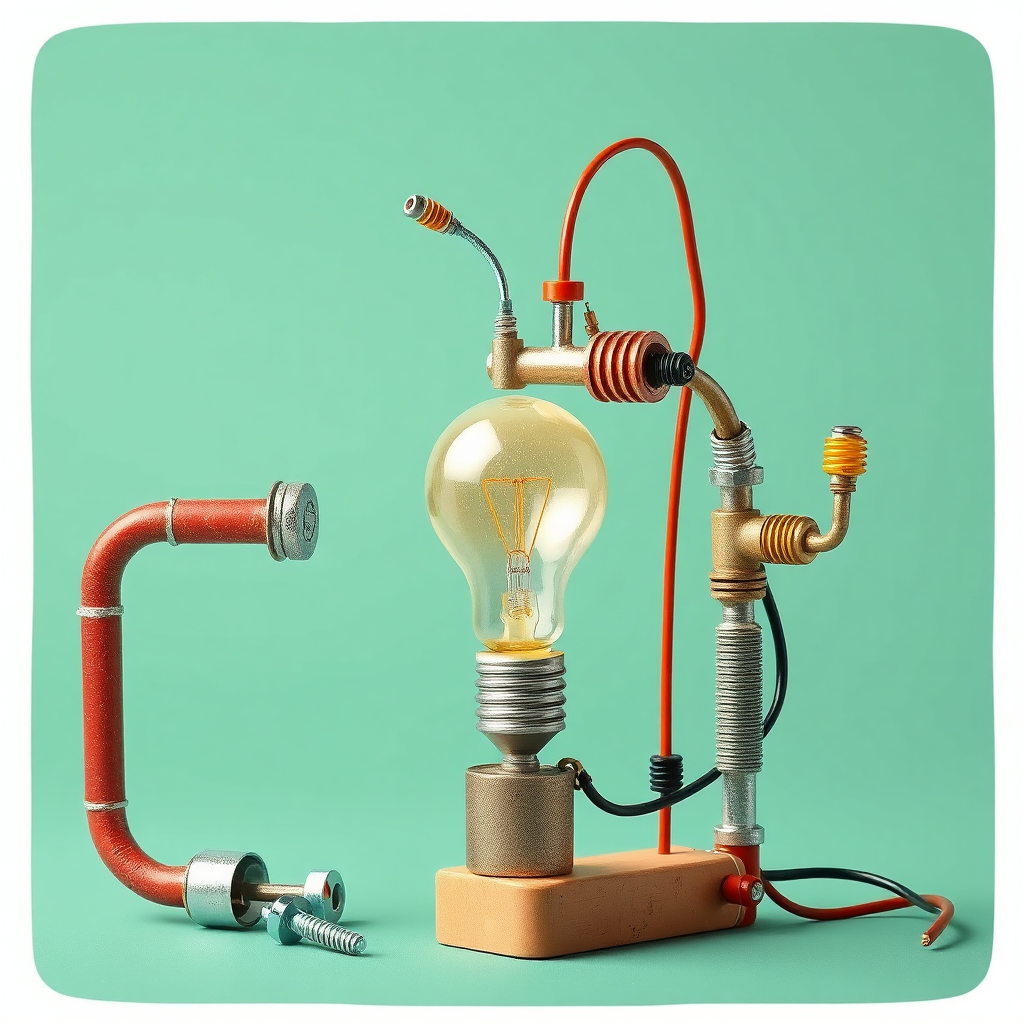 A creative and whimsical image showcasing a variety of hardware store items (pipes, wires, screws, etc.) creatively assembled into a miniature energy-generating device. The device is depicted as powering a tiny lightbulb. The image is playful and imaginative. Stylized and inventive.