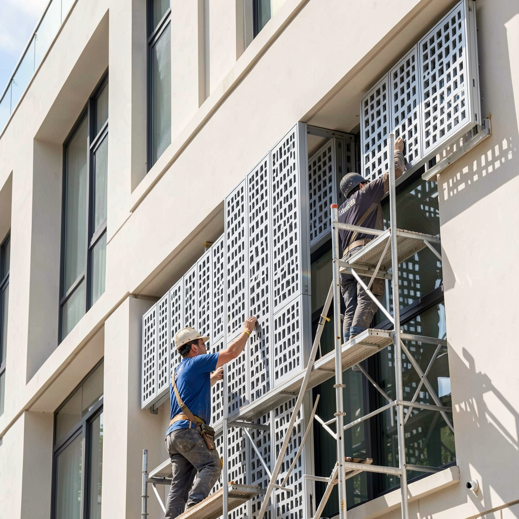 Facade installation of aluminum mashrabiya panels