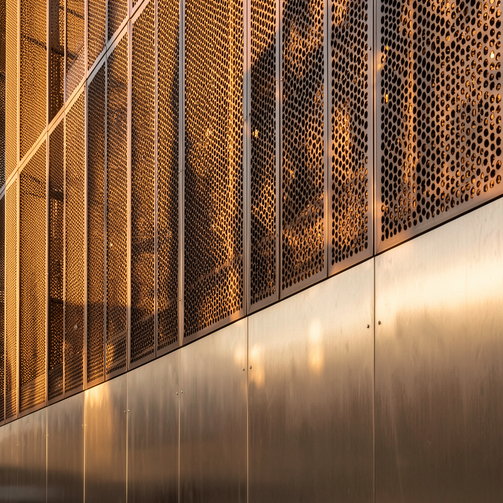 Mashrabiya aluminum panel facade in warm light