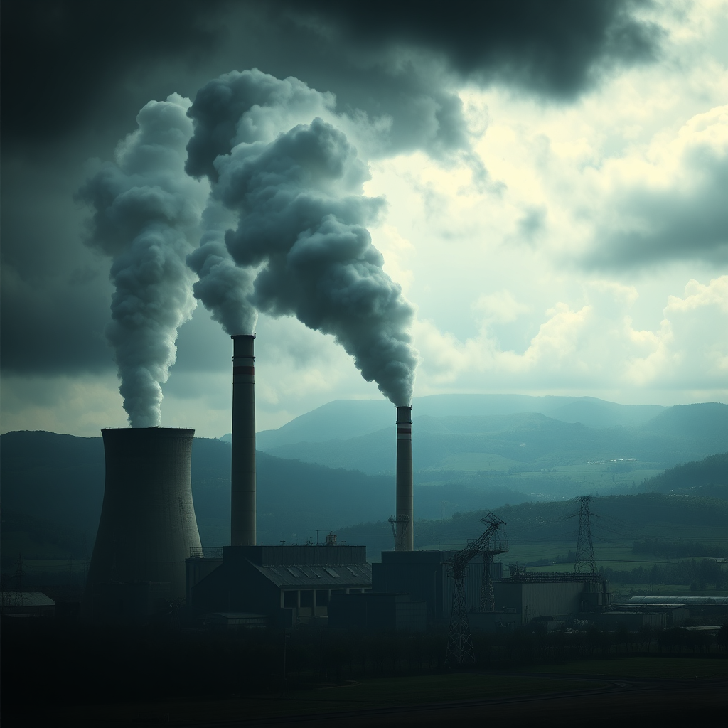 A dramatic image depicting a large, outdated power plant spewing smoke and pollutants into the atmosphere. The scene is dark and foreboding, highlighting the negative environmental impact of traditional energy generation. Juxtapose this with a faint image of a sustainable, green landscape in the background. Photorealistic.