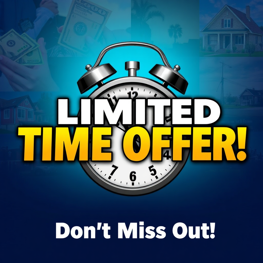 A dynamic graphic with a ticking clock and bold text that reads "Limited Time Offer!" and "Don't Miss Out!" The background is filled with images of money being saved and homes being powered by clean energy. The overall feel is urgent and exciting. Stylized and attention-grabbing.