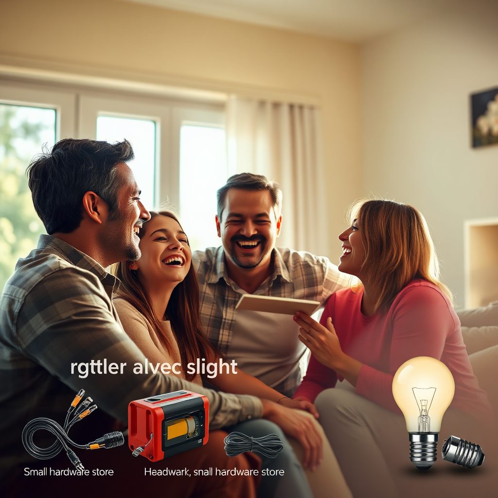 A family happily gathered in a brightly lit home, laughing and enjoying each other's company. Sunlight streams through the windows, emphasizing the warmth and comfort. In the corner, a subtle visualization of drastically reduced electricity bills is shown, alongside basic hardware store components like wires, a small generator, and a lightbulb. Focus on vibrant colors and a sense of well-being, suggesting financial relief and a sustainable future. Photorealistic.