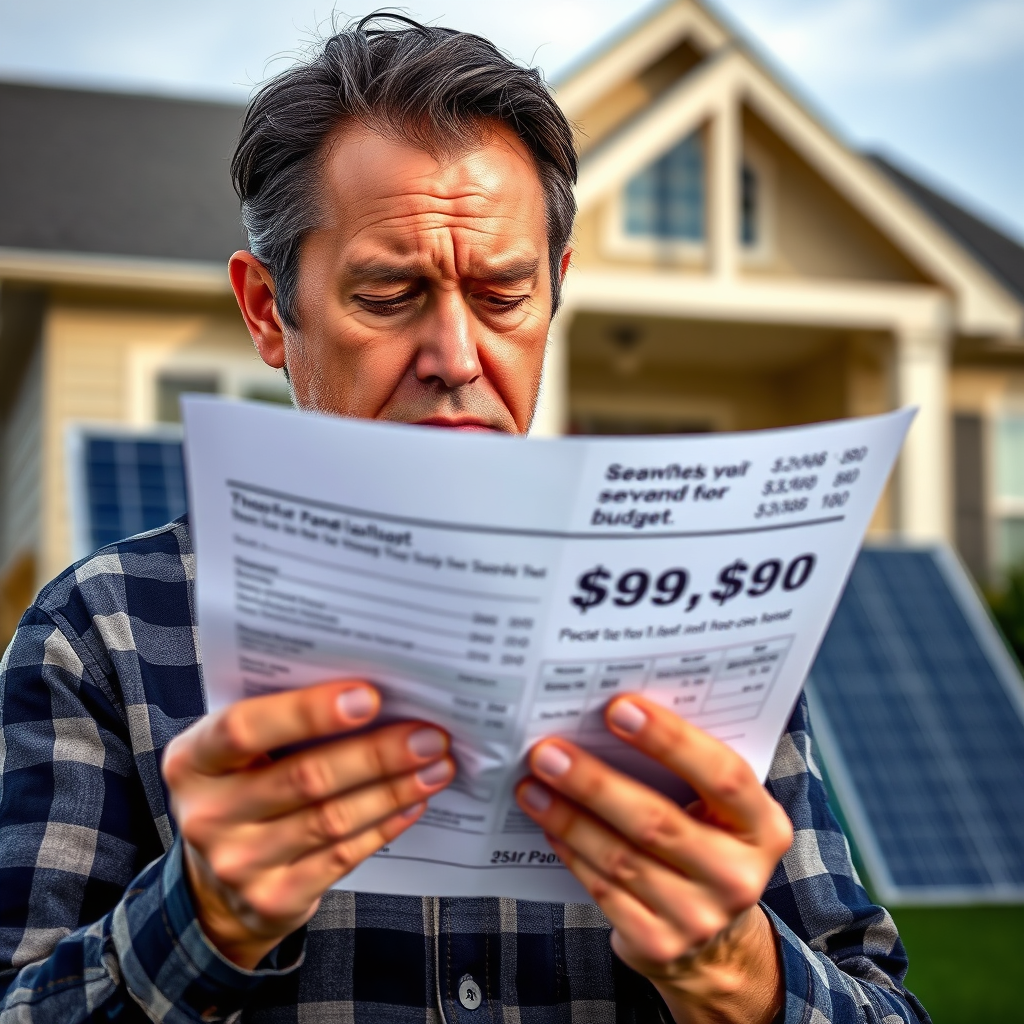 A homeowner sadly looking at a solar panel installation quote that is clearly beyond their budget. The quote is prominently displayed with an exaggeratedly high price. The homeowner's expression is one of disappointment and resignation. The background shows a desirable home, subtly suggesting the unattainable dream of energy independence. Photorealistic.