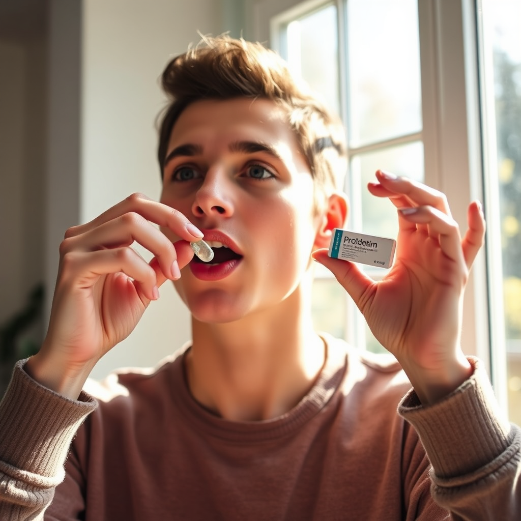 A lifestyle shot of a person starting their day by taking a ProDentim tablet, placing it on their tongue. The scene should be bright and airy, with natural light streaming through a window. The person should look healthy and vibrant, conveying a sense of well-being. The overall style should be clean and modern, emphasizing the ease and convenience of incorporating ProDentim into a daily routine. Technical specs: 4K resolution, natural lighting, lifestyle photography.
