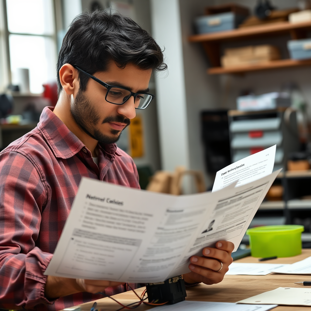 A person confidently working on a simple electrical project, following a clear and concise instruction manual. The project involves connecting wires and assembling a small energy-saving device. The person's expression is one of focus and determination. The background shows a well-organized workshop. Photorealistic.