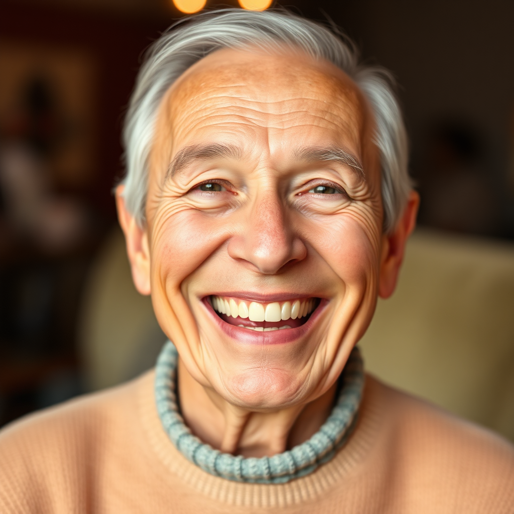 A person of an advanced age smiling brightly, showcasing healthy teeth and gums. The scene should be warm and inviting, with a focus on the person's genuine happiness and well-being. The background should be blurred, drawing attention to the person's smile. The style should be authentic and heartwarming. Technical specs: 4K resolution, portrait photography, warm lighting.