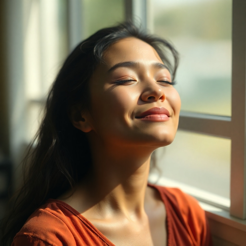 A photorealistic image depicting a person exhibiting feelings of peace and serenity, with natural light softly illuminating the scene.  8k resolution, hyperrealistic.