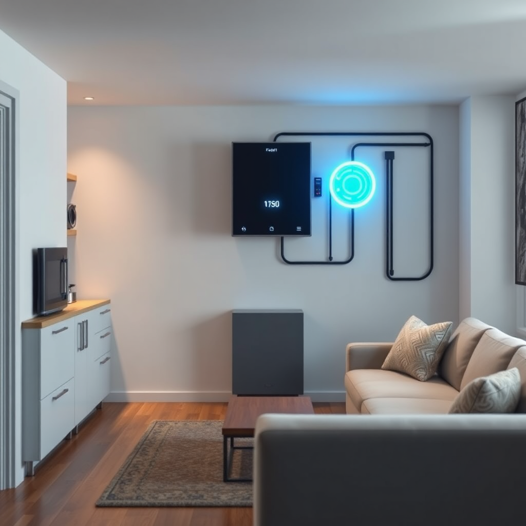 A photorealistic image of a backup battery system seamlessly integrated into a modern home. Show the system quietly powering essential appliances. Focus on the reliability and unobtrusiveness of the system. Subtle, clean design. 4K resolution.