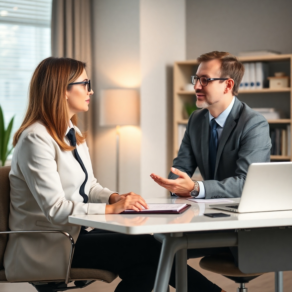 A photorealistic image of a consultant and client interacting in a calming and professional office environment.  The image should communicate trust and expertise.
