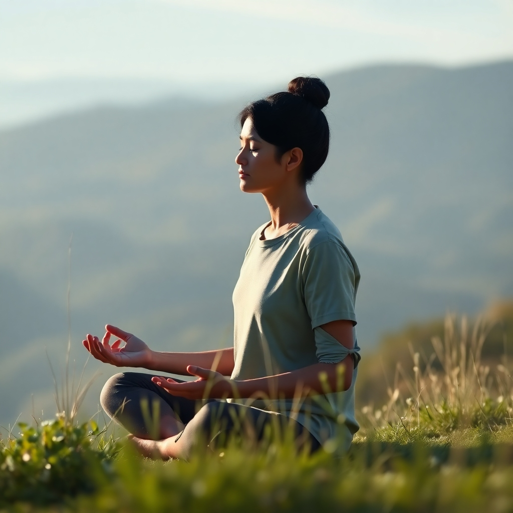 A photorealistic image of a person meditating in nature, a serene landscape visible in the background.  High-quality details and a calming color palette should be employed. The image should exude serenity and peace.  8k resolution, hyperrealistic.