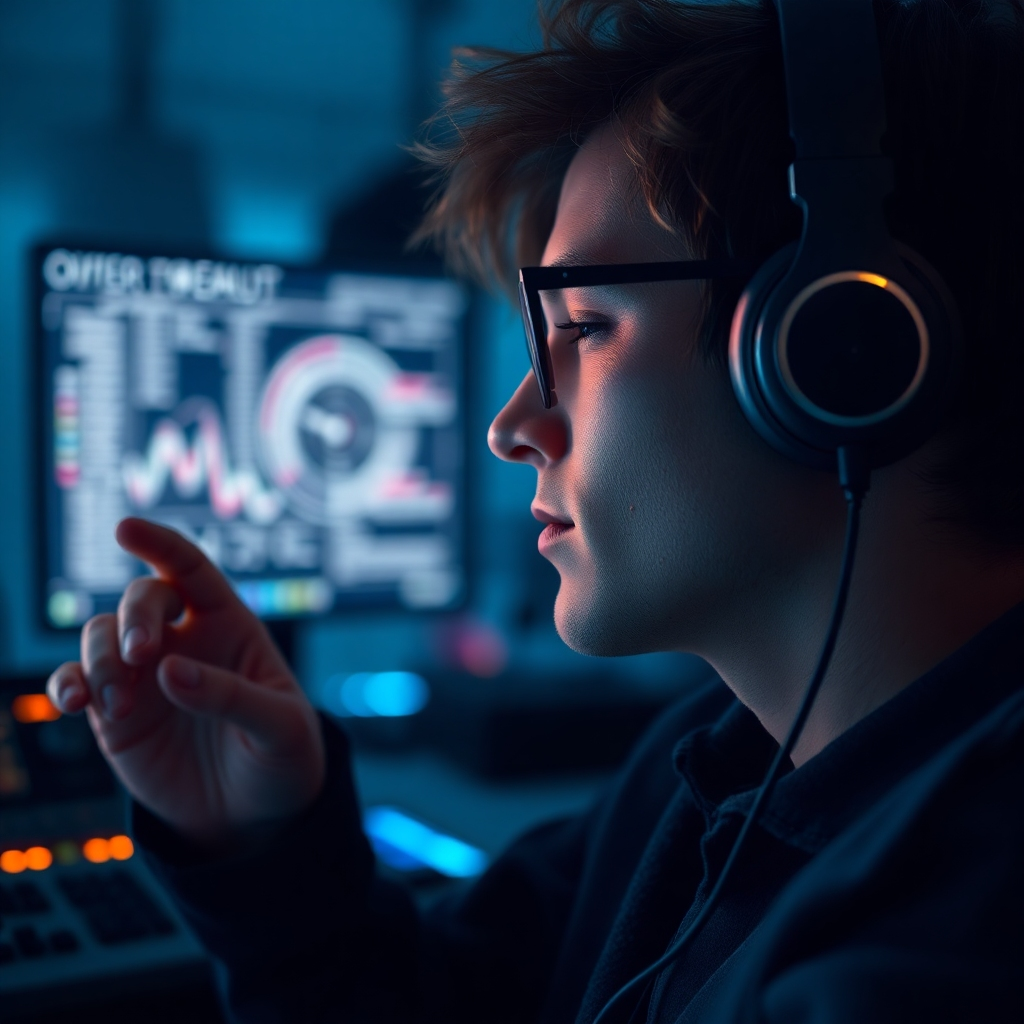 A photorealistic image of a person using headphones and relaxing, technology in the background.  Focus on technology and relaxation, suggesting a feeling of calm yet advanced technology.