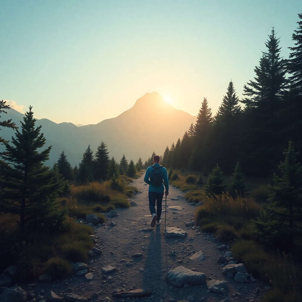 A photorealistic image of a person peacefully walking in nature, a path leading to a mountain peak symbolizing self-discovery and progression.  8k resolution, hyperrealistic.