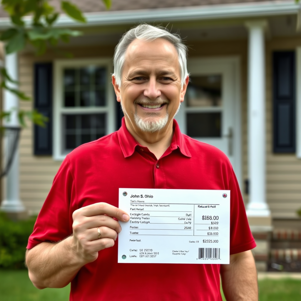 A portrait of John S. from Ohio, standing proudly in front of his home. He is holding his electricity bill, with the reduced amount clearly visible. He has a genuine and satisfied smile. The background shows a modest but well-maintained home. Photorealistic.