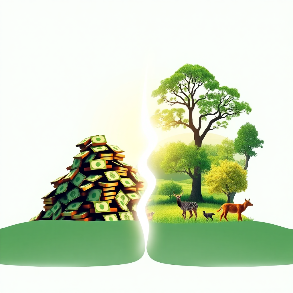 A split-screen image. On one side, show a pile of money representing savings. On the other side, show a thriving green landscape with clean air and vibrant wildlife. The two sides are connected by a subtle energy flow, symbolizing the link between financial savings and environmental benefits. Stylized, positive, and uplifting.