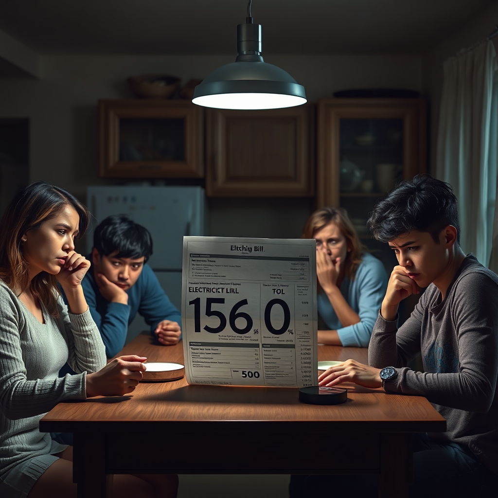 A stressed family gathered around a kitchen table, looking anxiously at a large electricity bill. The room is dimly lit, symbolizing the financial burden. The bill is prominently displayed, highlighting a large and alarming number. Emphasis on the worried expressions and the sense of desperation. Photorealistic.