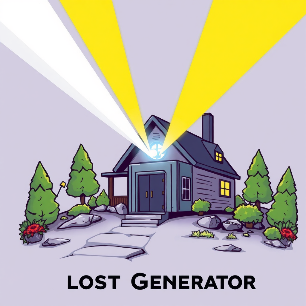 A stylized illustration of the "Lost Generator" emitting a powerful beam of energy, illuminating a home and its surroundings. The energy beam is clean and bright, symbolizing the potential for sustainable power. The illustration is dynamic and visually appealing. Stylized and futuristic.