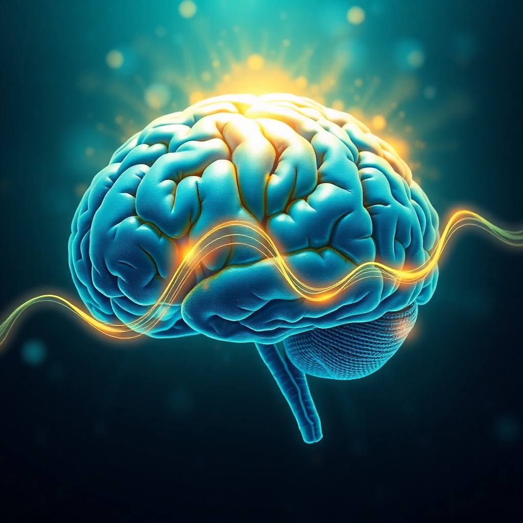 A stylized image, 4K resolution, depicting a brain with glowing theta waves emanating from it. Use a vibrant, yet calming color palette, with blues, greens, and golds. The image should be artistic and visually appealing, suggesting energy and calm. Employ a slightly abstract style, perhaps with inspiration from fractal art or scientific visualization. Focus on the intricate details of the brain structure and the waves’ flow.