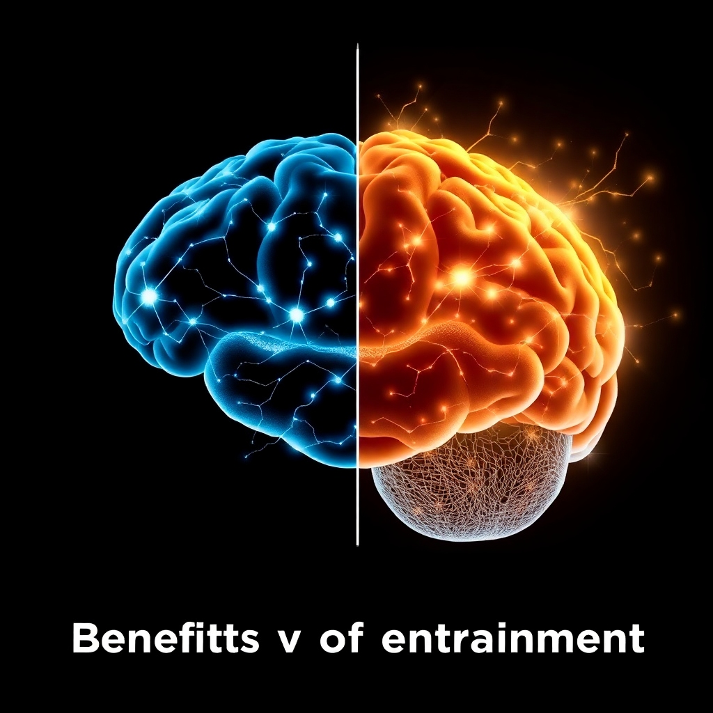 A stylized image of a brain with bright, healthy neural pathways, contrasted with a dull, inactive brain.  The difference is clearly visually expressed, showcasing the benefits of entrainment.