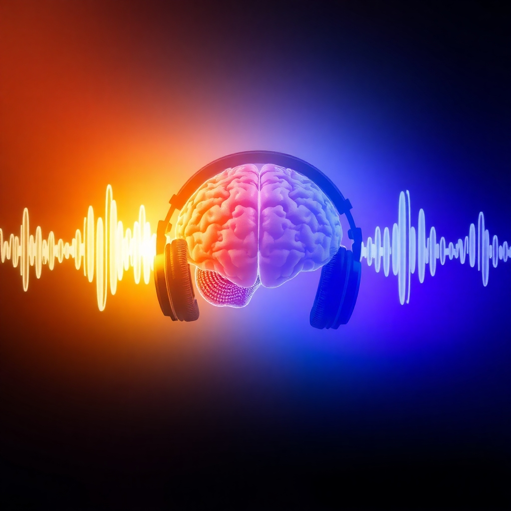 A stylized image of calming sound waves emanating from headphones, visually blending with brainwave patterns, creating a visually stunning and compelling scene.
