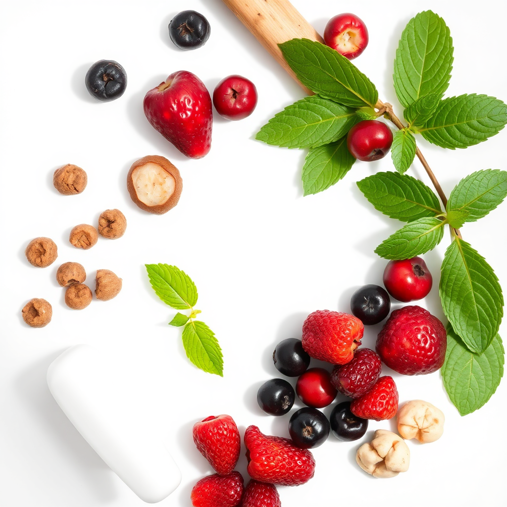 A visually appealing arrangement of natural ingredients associated with oral health and probiotic benefits: mint leaves, berries, and other natural elements. The setting is a clean, white surface with diffused natural lighting. Technical specs: 4K resolution, flat lay photography, natural light.