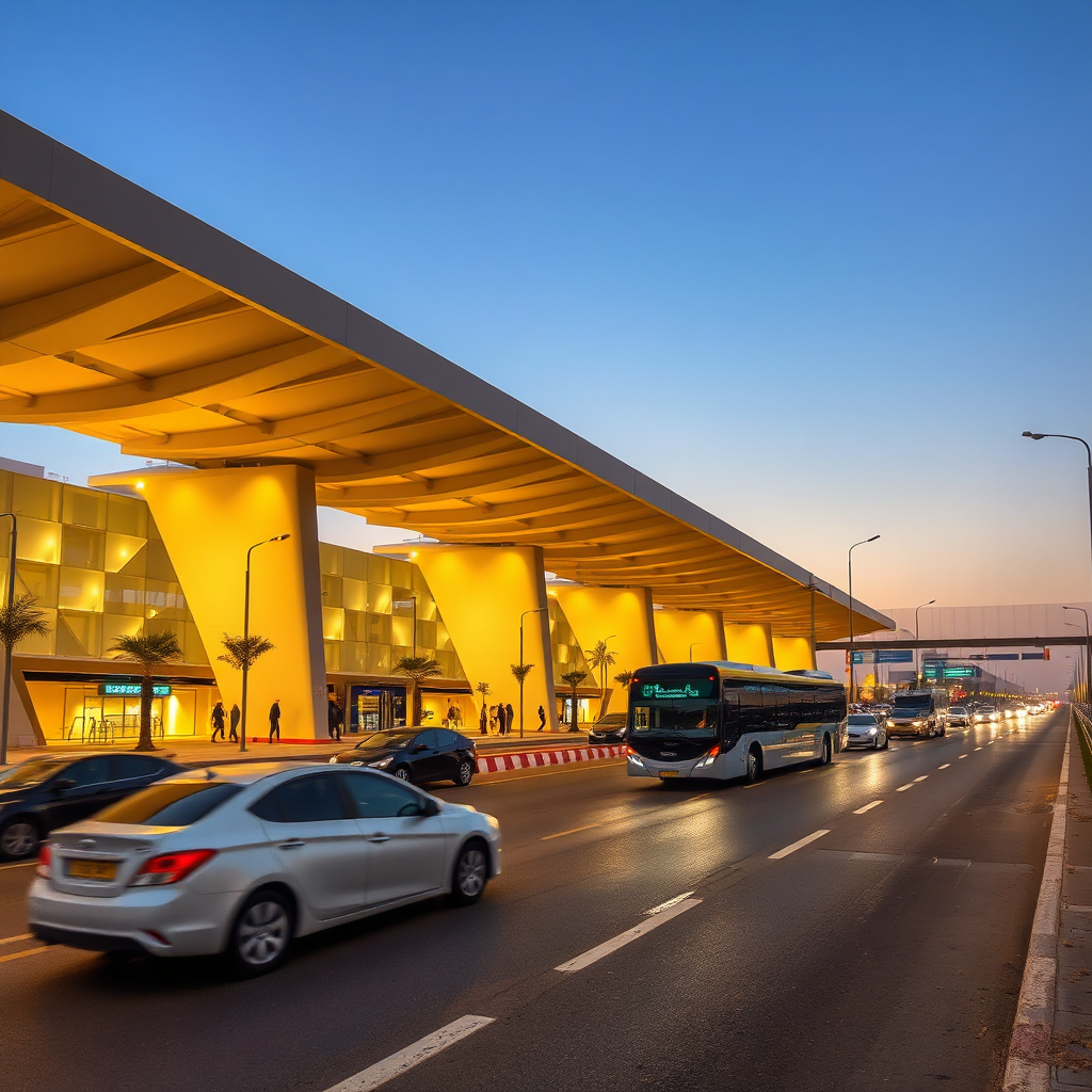 BRT station at dusk with ambient lighting