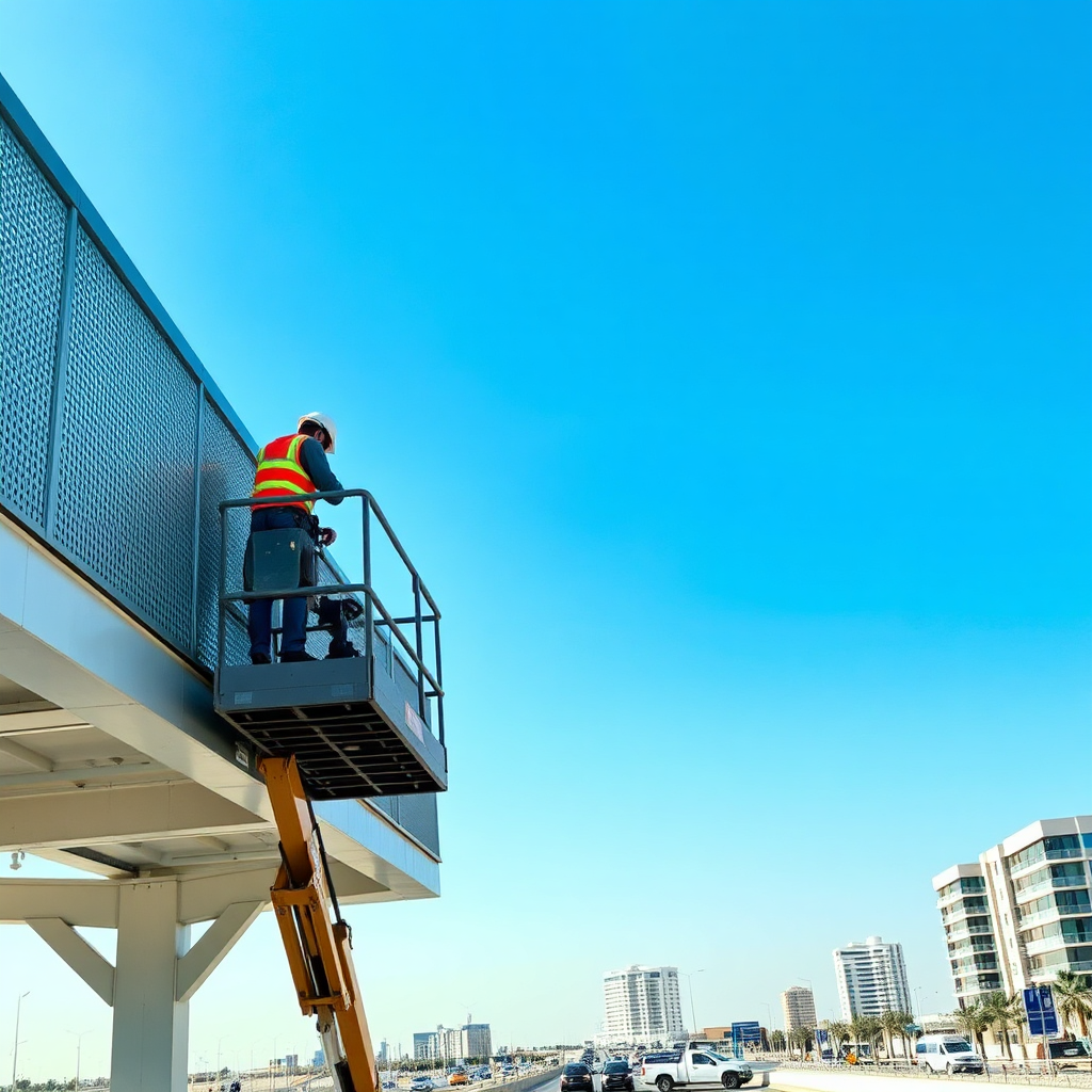 Worker on cherry picker near perforated aluminum facade of a BRT walkway