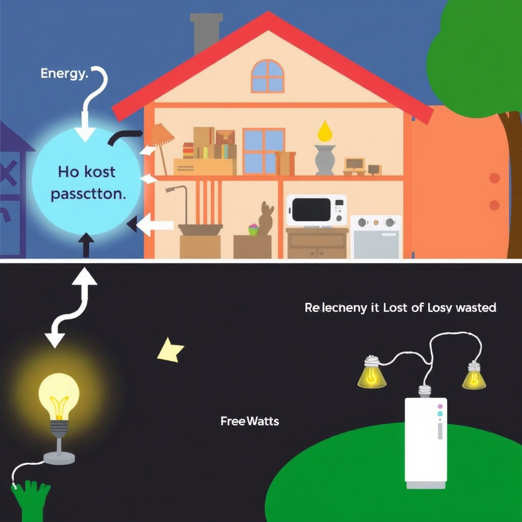 An animated illustration showing energy flowing through a home, with arrows indicating where energy is typically lost or wasted. The Free Watts system is then shown redirecting this energy to power appliances and lights. The illustration is visually engaging and easy to understand. Stylized and dynamic.
