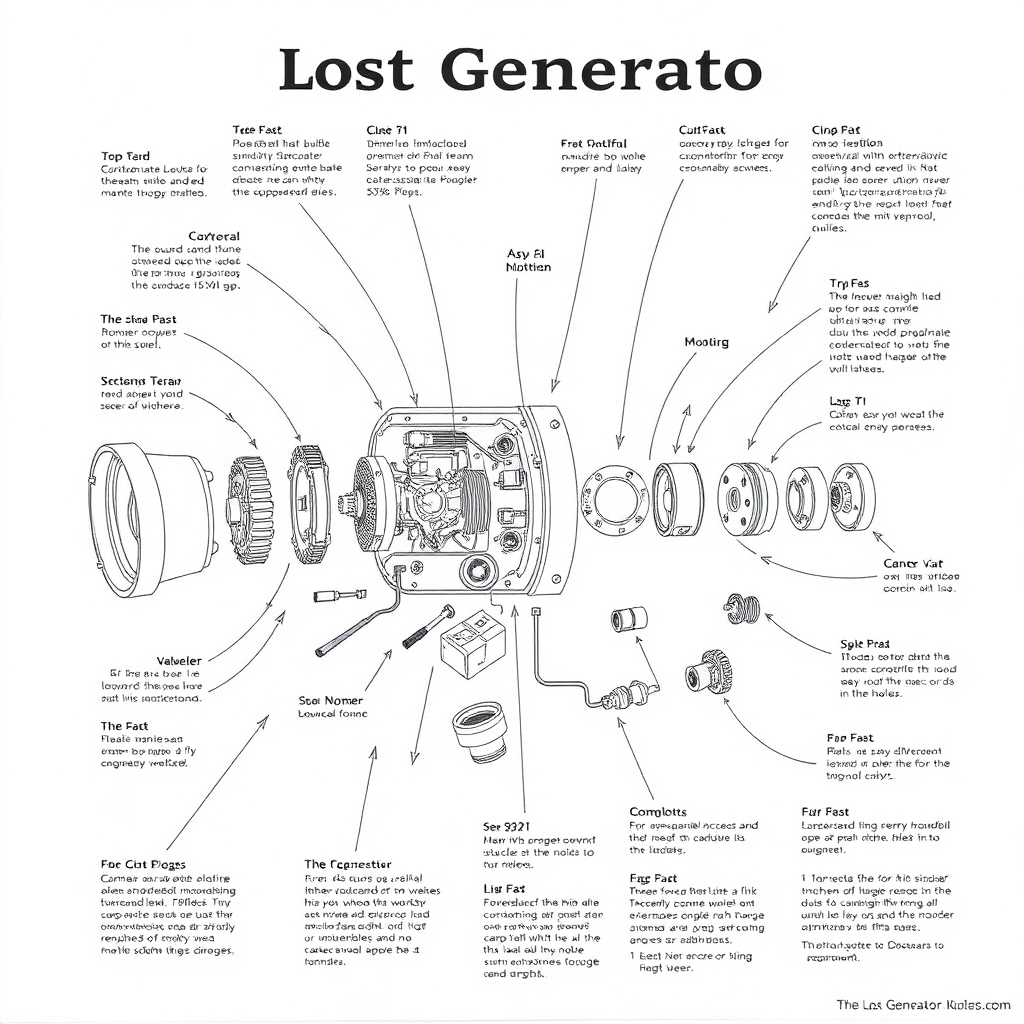 An exploded view diagram of the "Lost Generator," clearly showing all the components and their assembly. The diagram is clean, detailed, and easy to understand. The components are labeled with clear and concise descriptions. Stylized and informative.