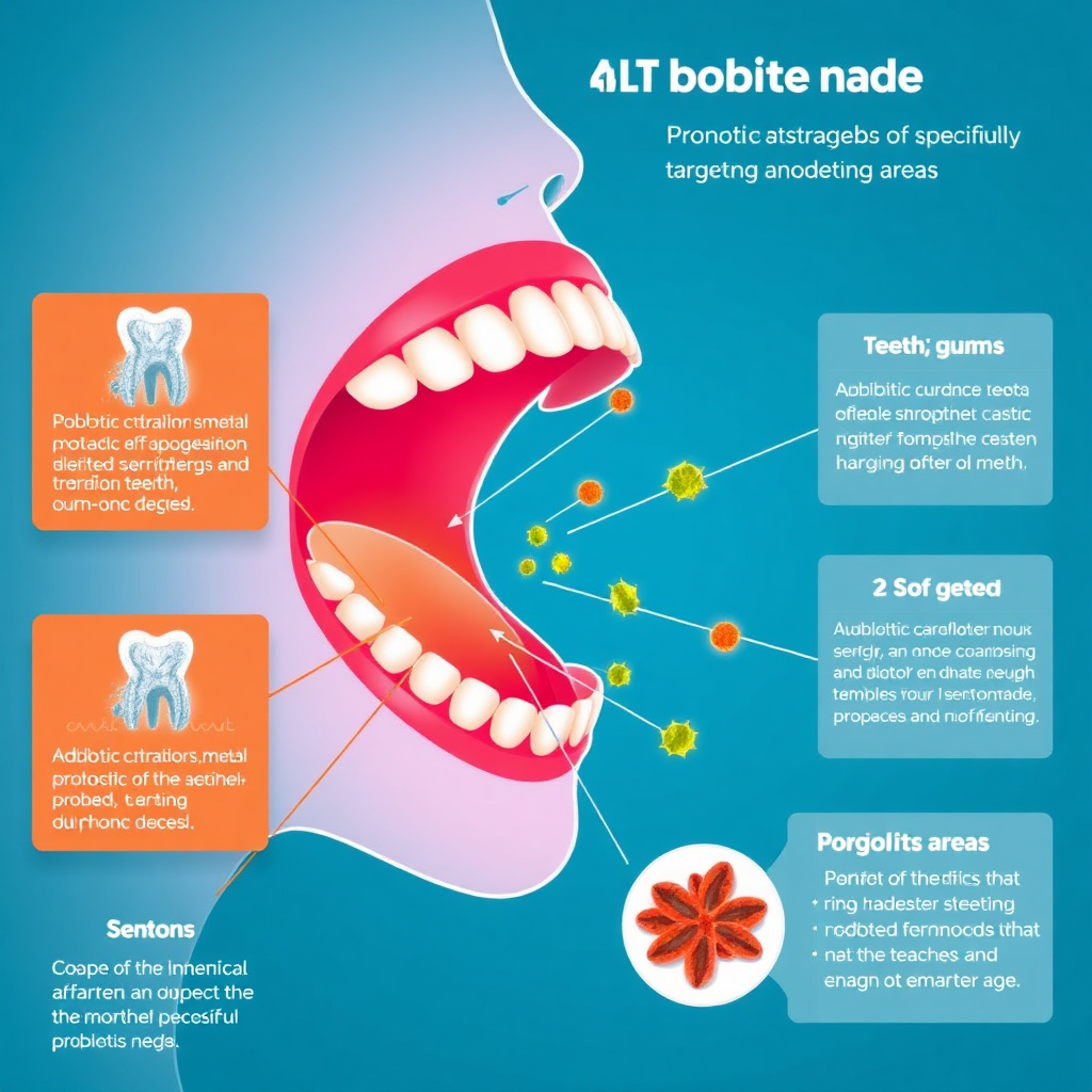 An illustration showing a simplified anatomical view of the mouth highlighting areas such as teeth, gums, and tongue. Overlaying this image is a visual representation of probiotic strains specifically targeting these areas. Use vibrant colors to denote the different probiotic actions. The style should be informative and visually engaging, resembling a modern medical infographic. Technical specs: 4K resolution, digital illustration, vibrant colors.