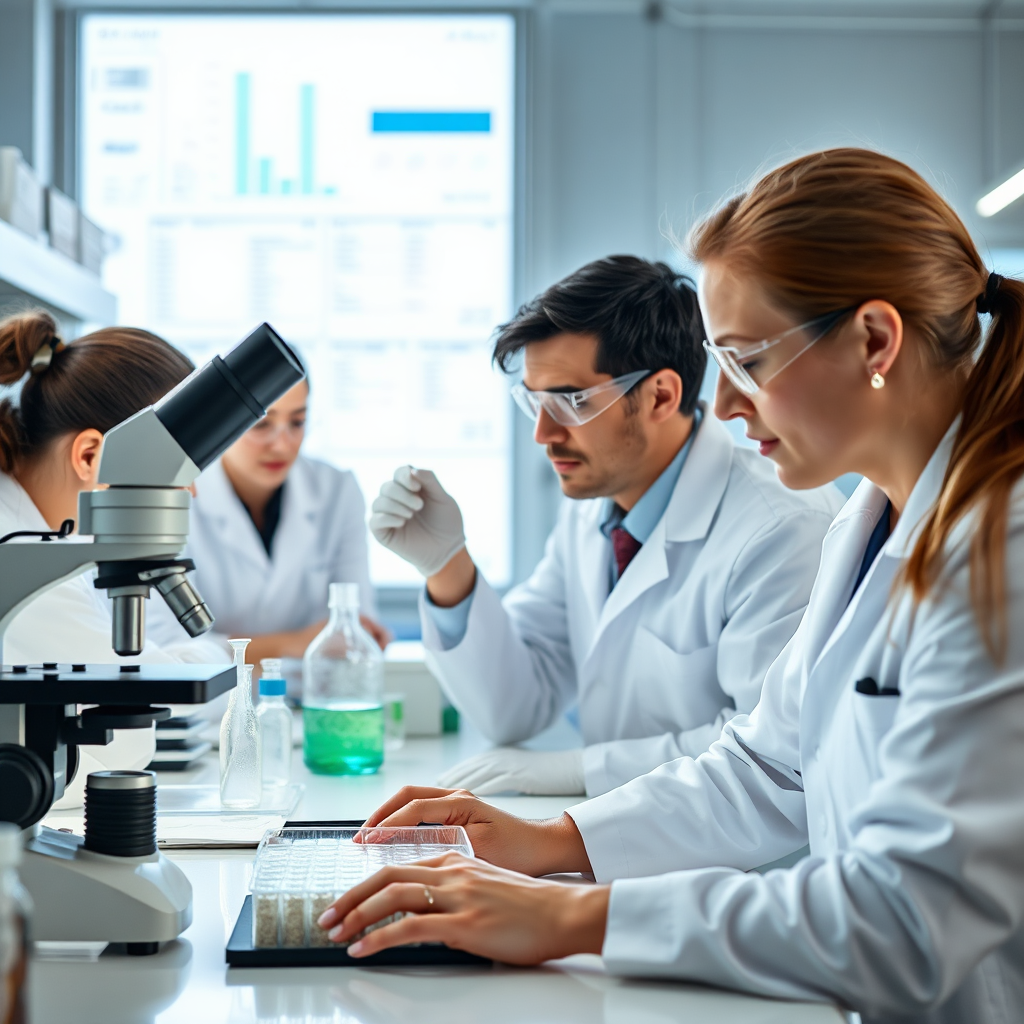 An image depicting a modern laboratory setting with researchers analyzing data and conducting experiments on probiotic cultures. Show a microscope with a clear view of probiotic bacteria. The lighting should be bright and professional, conveying a sense of scientific rigor. The style should be clean and modern. Reference: stock photography of scientific labs. Technical specs: 4K resolution, realistic lighting, lab environment.