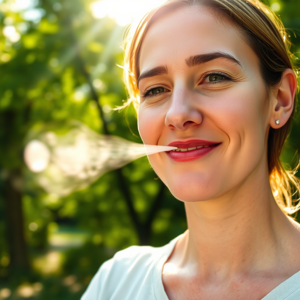 An image depicting a person exhaling fresh, clean air. The scene should be set in a lush, green environment, with sunlight streaming through the trees, creating a sense of freshness and vitality. The person's face should be relaxed and confident, with a subtle smile. The lighting should be soft and diffused, highlighting the natural beauty of the scene. The color palette should be dominated by greens, blues, and whites, conveying a sense of purity and cleanliness. The camera angle should be eye-level, capturing the person's expression. The style should be natural and authentic. Technical specs: 4K resolution, natural lighting, outdoor setting.