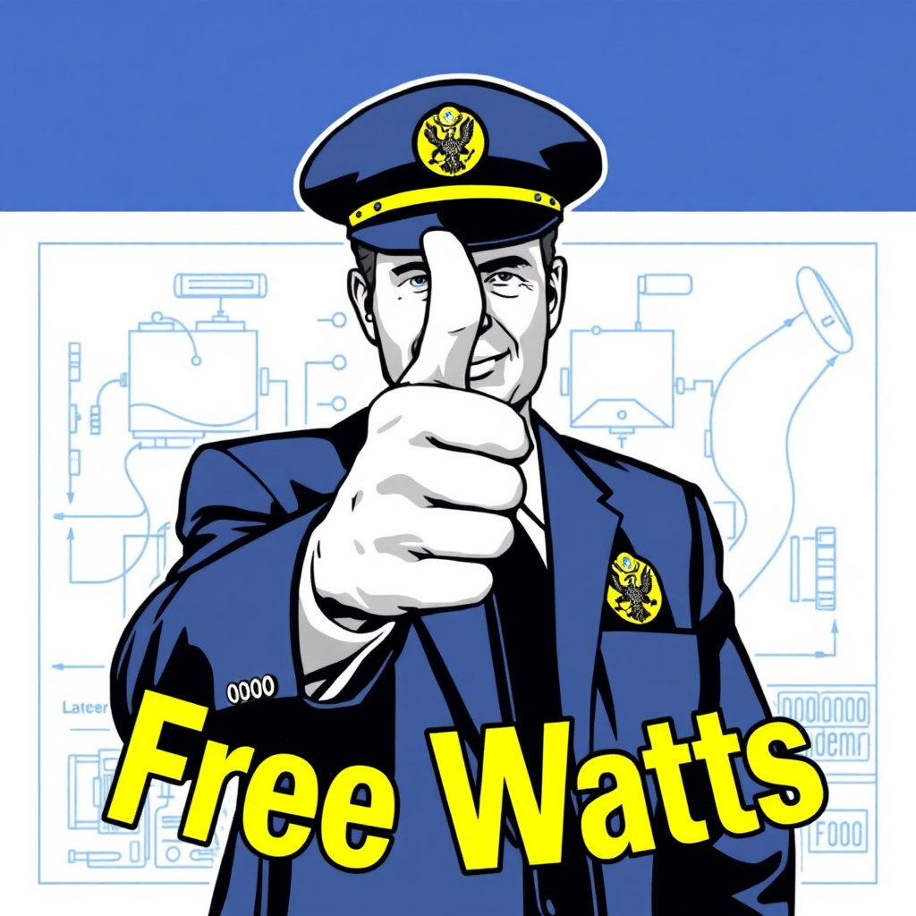 An image of a government official giving a thumbs-up, superimposed over a blueprint of the Free Watts system. This conveys the message of legality and compliance. The overall feel is reassuring and trustworthy. Stylized and authoritative.