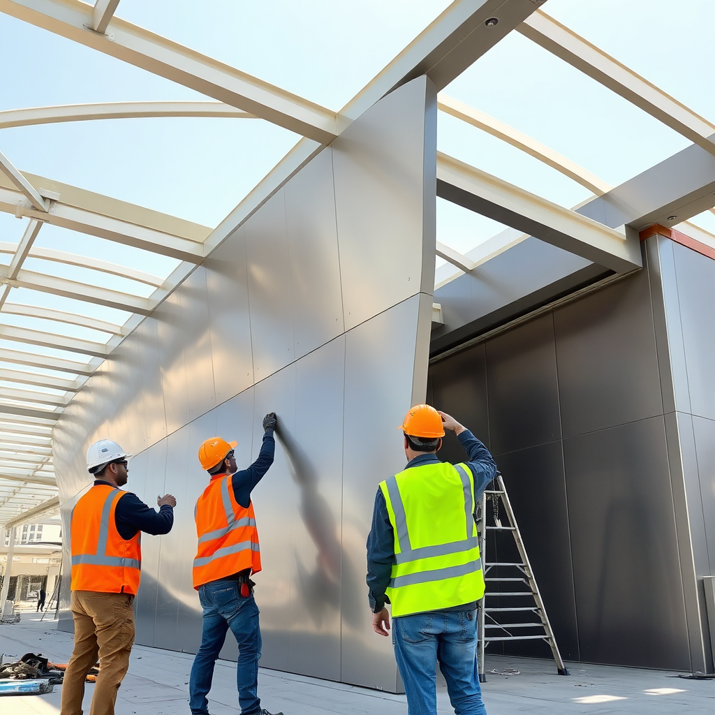 Workers installing facade panels on a BRT station