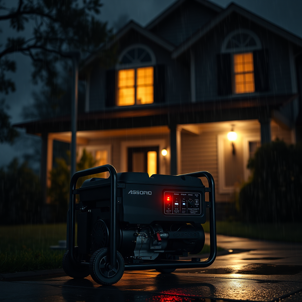 Create a photorealistic image of a portable generator running in front of a house during a power outage. The house is dark except for the light emanating from the generator. Rain is falling. The scene is lit by the generator's control panel lights. Focus on the reliable, steadfast nature of emergency power. 4K resolution.