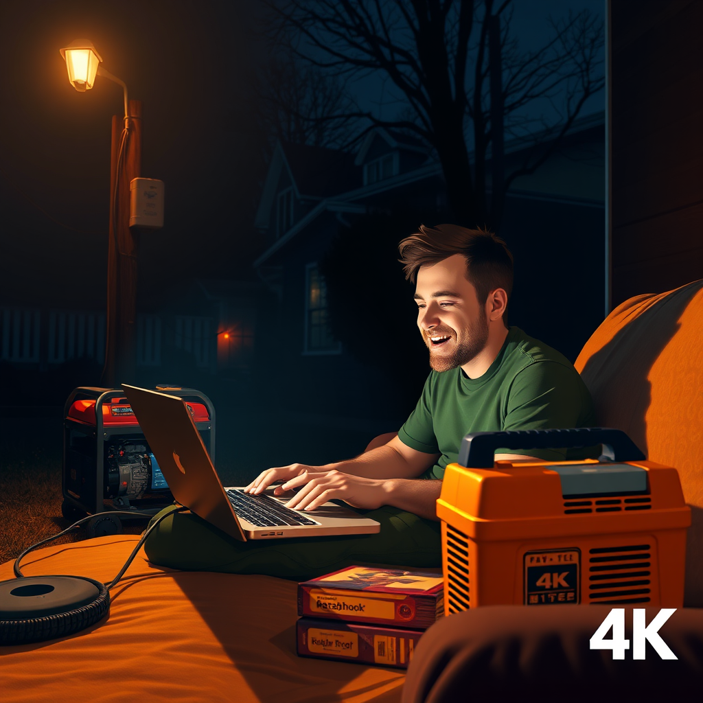 Create a stylized image showing a person working from home on a laptop, powered by a generator during a power outage. Show the person's relieved expression. The rest of the neighborhood is dark. Focus on the importance of connectivity. Warm lighting, 4K resolution.