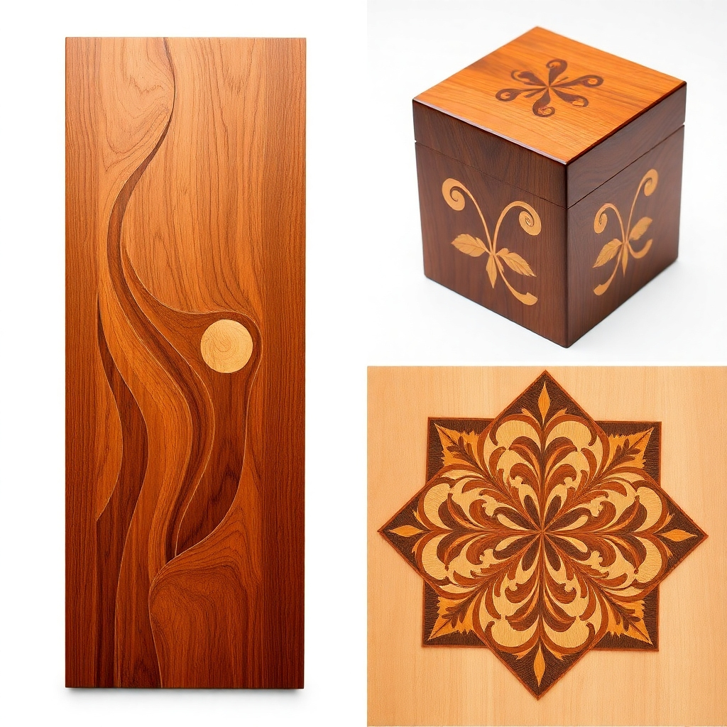 A collage of three images showing various advanced woodworking techniques, including wood bending, inlay, and marquetry. Each image should highlight the unique beauty and craftsmanship involved in each technique, showcasing the skill and artistry involved.