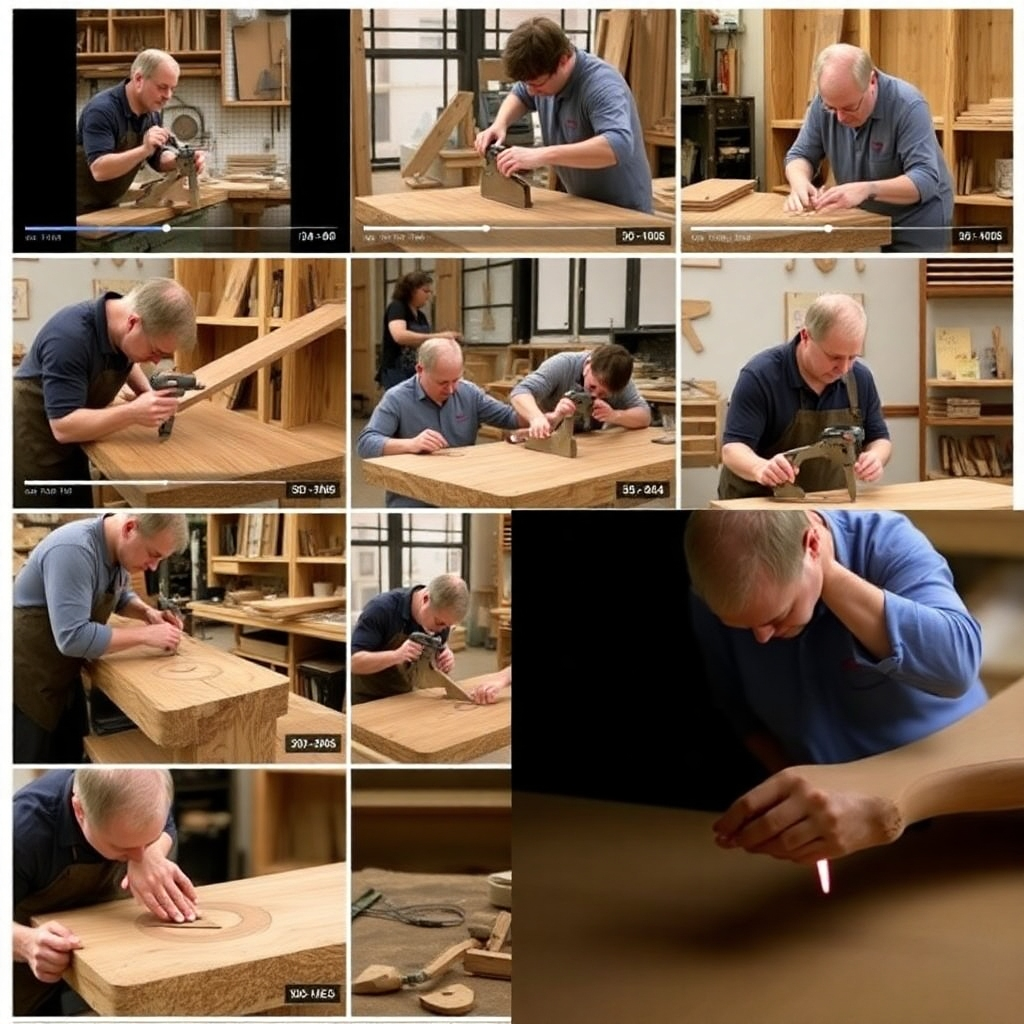 A collage of video and image stills showing various expert woodworking techniques.  The collage should showcase the skill and artistry involved in each technique.