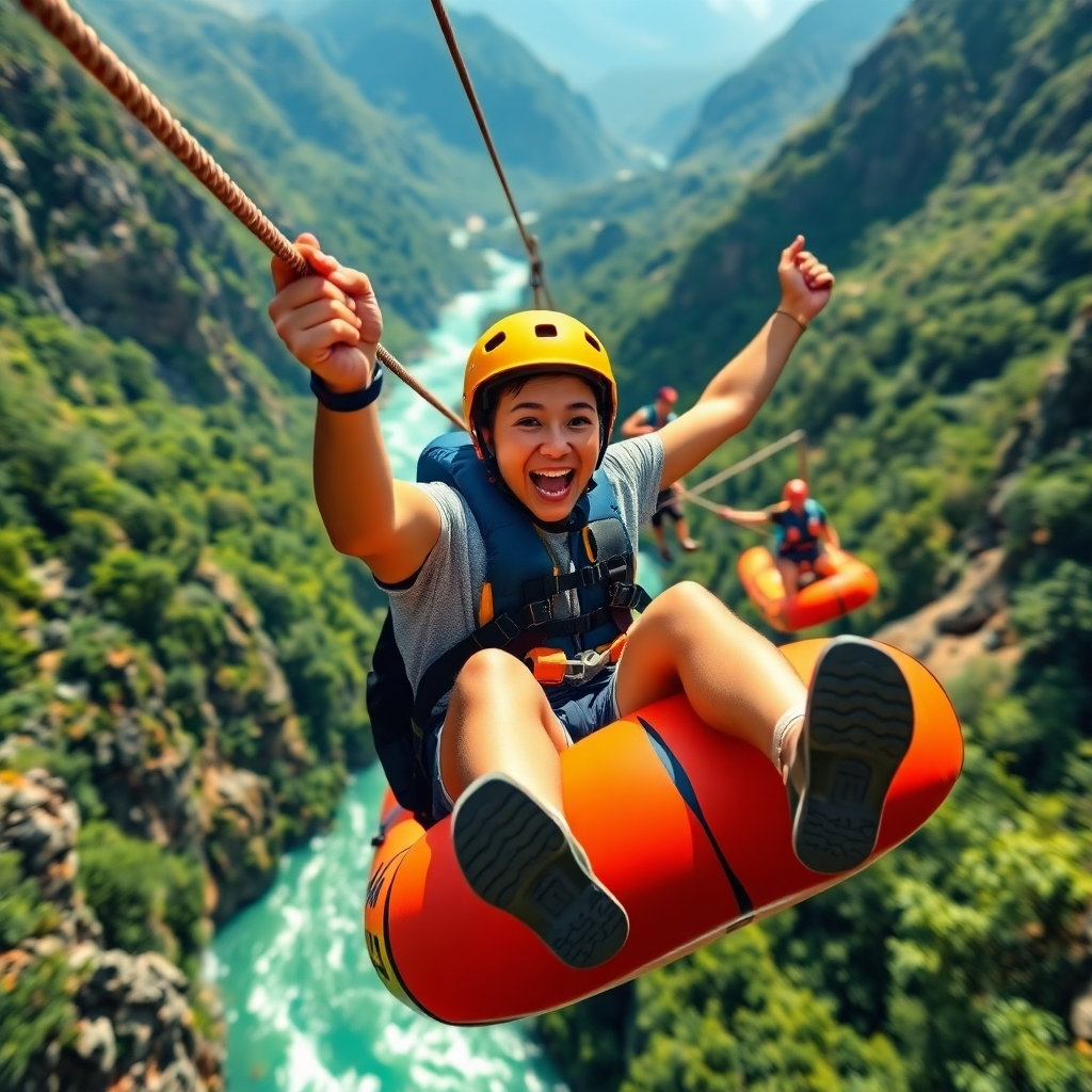 A photorealistic image depicting an adventure activity like zip-lining, white-water rafting, or wildlife safaris. The composition should be dynamic and exciting, emphasizing the thrill of adventure.  The color palette must showcase the vibrant colors of nature. The image must be sharp and detailed.