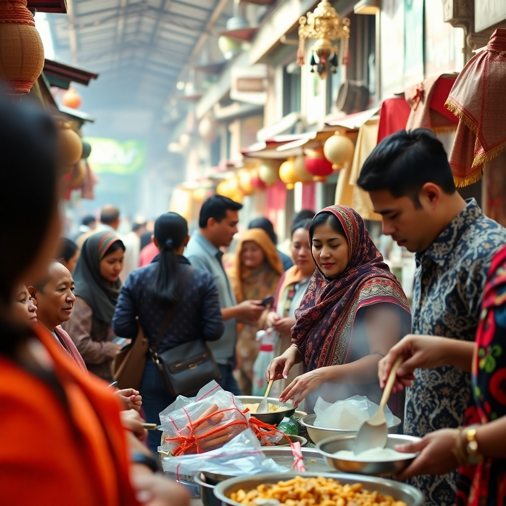 A photorealistic image depicting people immersed in a local cultural experience, such as a lively market scene, a traditional ceremony, or a cooking class. Use a natural light setting, a warm color palette, and natural textures. The camera angle should be eye level, enhancing viewer immersion. High quality 4K resolution