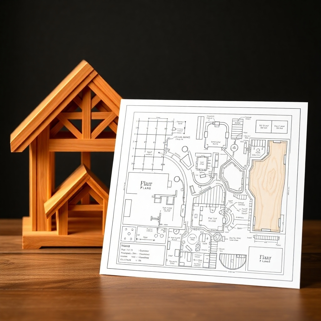 A photorealistic image of a detailed woodworking plan displayed next to a beautifully crafted wooden project. The image should highlight the precision and detail of the plan, as well as the elegant result of the project.